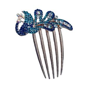 Elegant Blue Crystal Peacock Hair Comb